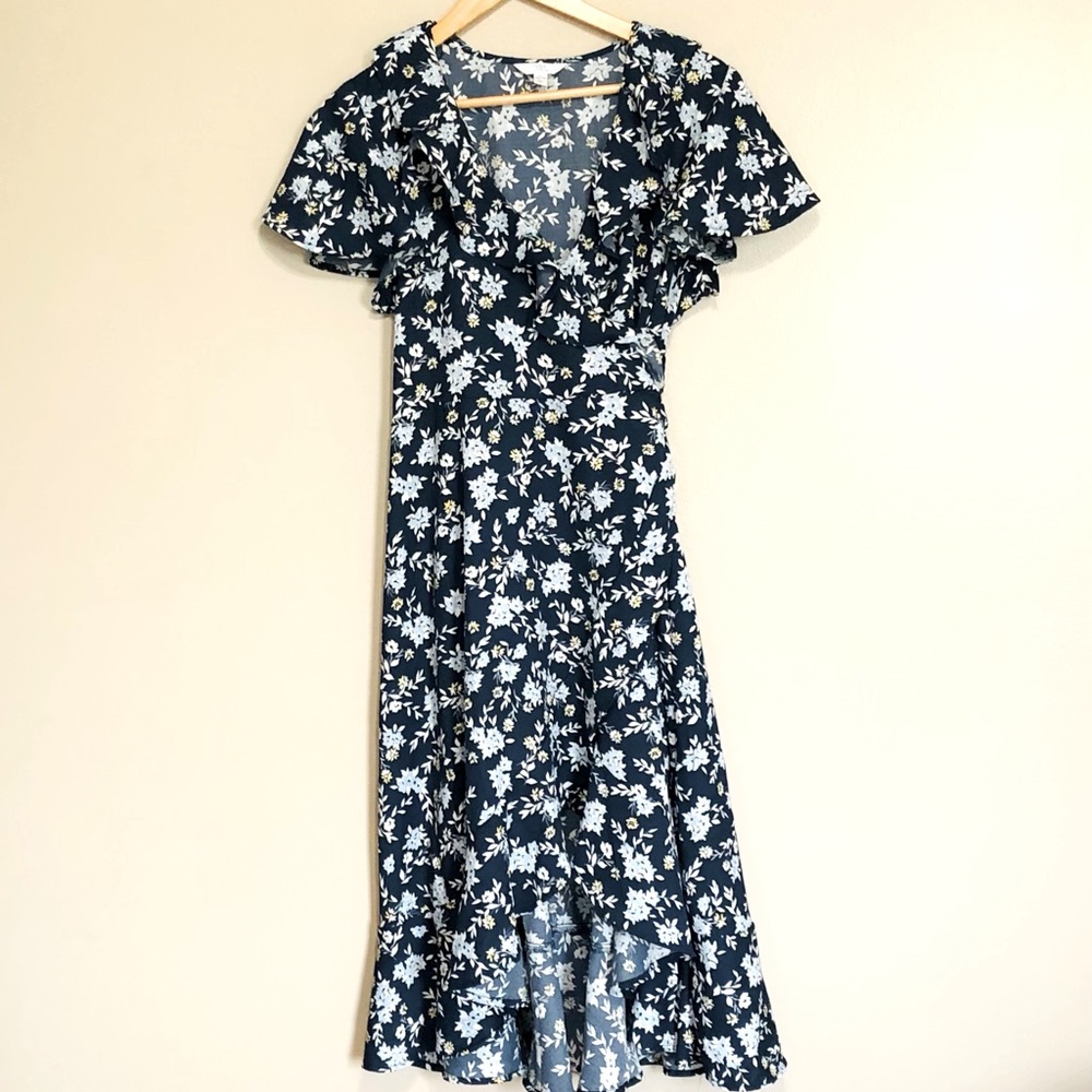 Time and Tru blue floral wrap/ruffles dress SZ:L